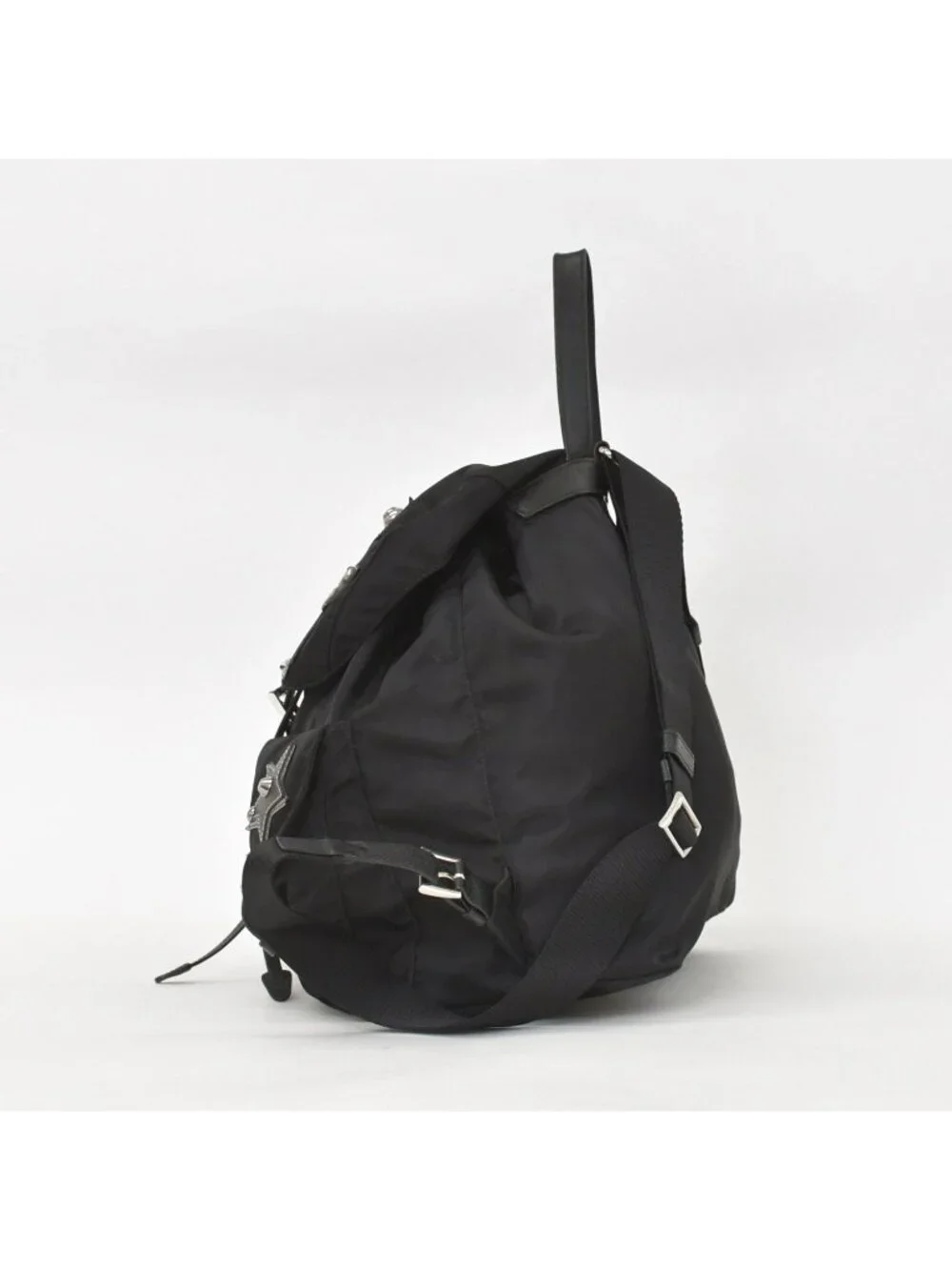 Prada Tessuto Nylon Robot Backpack Saffiano Leather Studs Metal Black